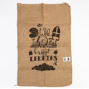 대형 신터클라스 황마 자루 - 문구 인쇄: WIE ZOET IS KRIJGT LEKKERS - 약 60 x 100 cm (1개)